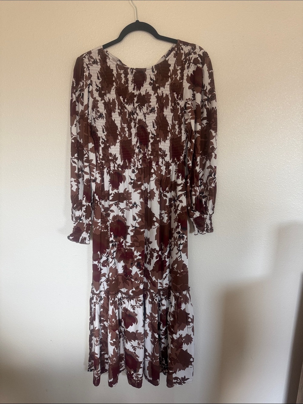 Women's Floral Brown and Cream Long-Sleeve Midi Dress